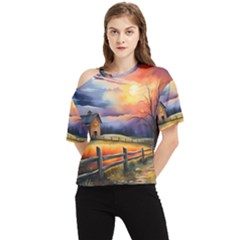 Rural Farm Fence Pathway Sunset One Shoulder Cut Out T-Shirt