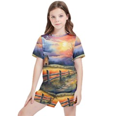 Rural Farm Fence Pathway Sunset Kids  T-Shirt And Sports Shorts Set