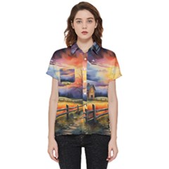 Rural Farm Fence Pathway Sunset Short Sleeve Pocket Shirt by Bedest