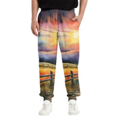 Rural Farm Fence Pathway Sunset Men s Elastic Waist Pants