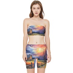 Rural Farm Fence Pathway Sunset Stretch Shorts And Tube Top Set by Bedest