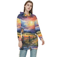 Rural Farm Fence Pathway Sunset Women s Long Oversized Pullover Hoodie