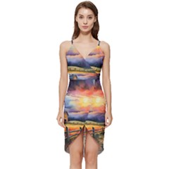 Rural Farm Fence Pathway Sunset Wrap Frill Dress by Bedest