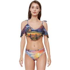 Rural Farm Fence Pathway Sunset Ruffle Edge Tie Up Bikini Set	