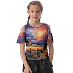 Rural Farm Fence Pathway Sunset Kids  Butterfly Cutout T-Shirt