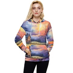 Rural Farm Fence Pathway Sunset Women s Lightweight Drawstring Hoodie