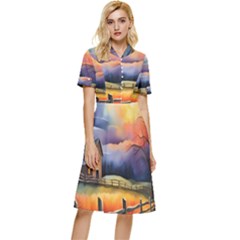 Rural Farm Fence Pathway Sunset Button Top Knee Length Dress