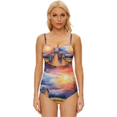 Rural Farm Fence Pathway Sunset Knot Front One-piece Swimsuit