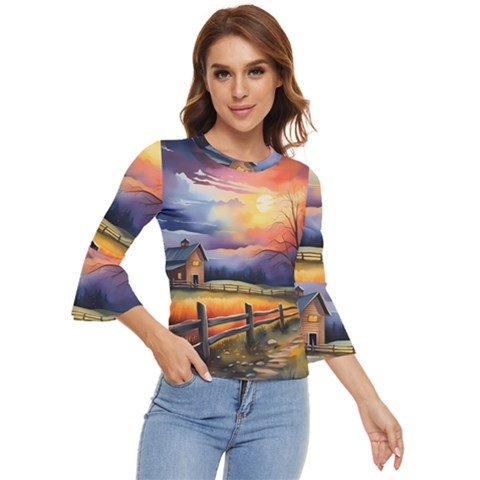 Rural Farm Fence Pathway Sunset Bell Sleeve Top by Bedest