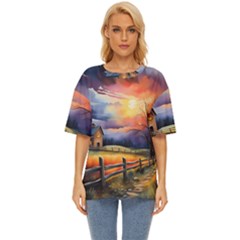 Rural Farm Fence Pathway Sunset Oversized Basic T-shirt by Bedest