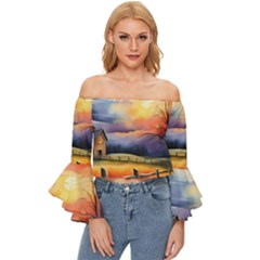 Rural Farm Fence Pathway Sunset Off Shoulder Flutter Bell Sleeve Top