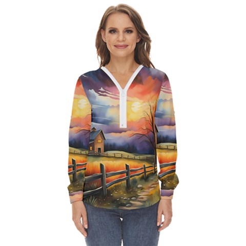 Rural Farm Fence Pathway Sunset Zip Up Long Sleeve Blouse by Bedest