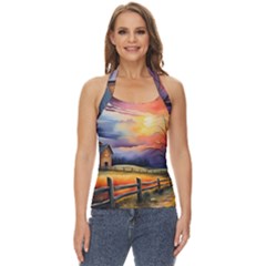 Rural Farm Fence Pathway Sunset Basic Halter Top