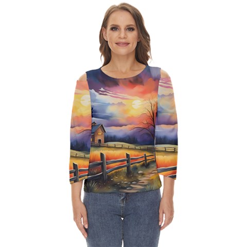 Rural Farm Fence Pathway Sunset Cut Out Wide Sleeve Top by Bedest