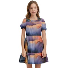 Rural Farm Fence Pathway Sunset Kids  Puff Sleeved Dress by Bedest