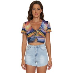 Rural Farm Fence Pathway Sunset V-neck Crop Top by Bedest