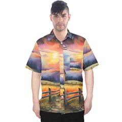 Rural Farm Fence Pathway Sunset Men s Hawaii Shirt