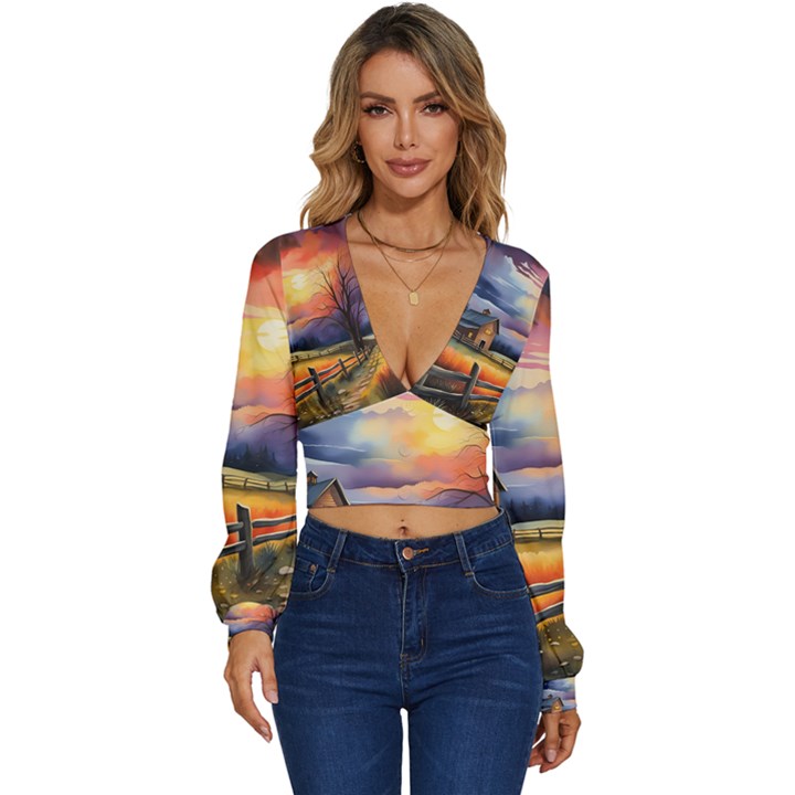 Rural Farm Fence Pathway Sunset Long Sleeve Deep-V Velour Top