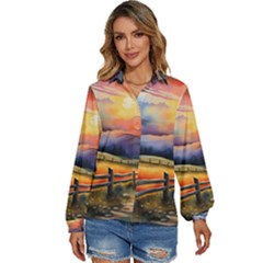 Rural Farm Fence Pathway Sunset Women s Long Sleeve Button Up Shirt