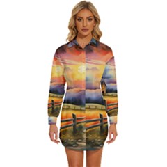 Rural Farm Fence Pathway Sunset Womens Long Sleeve Shirt Dress