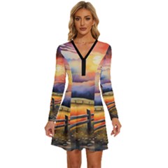 Rural Farm Fence Pathway Sunset Long Sleeve Deep V Mini Dress 