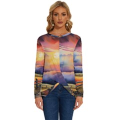 Rural Farm Fence Pathway Sunset Long Sleeve Crew Neck Pullover Top by Bedest