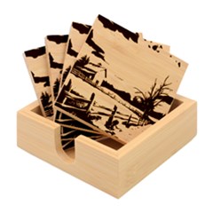 Rural Farm Fence Pathway Sunset Bamboo Coaster Set