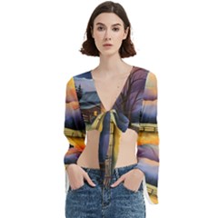 Rural Farm Fence Pathway Sunset Trumpet Sleeve Cropped Top