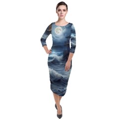 House Waves Storm Quarter Sleeve Midi Velour Bodycon Dress by Bedest