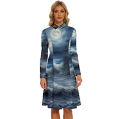 House Waves Storm Long Sleeve Shirt Collar A-line Dress by Bedest