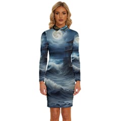 House Waves Storm Long Sleeve Shirt Collar Bodycon Dress by Bedest