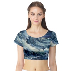 Waves Storm Sea Moon Landscape Short Sleeve Crop Top by Bedest