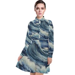 Waves Storm Sea Moon Landscape Long Sleeve Chiffon Shirt Dress by Bedest