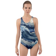 Waves Storm Sea Moon Landscape Cut-out Back One Piece Swimsuit by Bedest