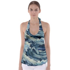 Waves Storm Sea Moon Landscape Tie Back Tankini Top by Bedest