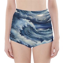 Waves Storm Sea Moon Landscape High-waisted Bikini Bottoms by Bedest