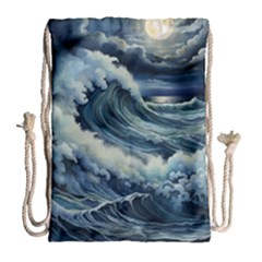 Waves Storm Sea Moon Landscape Drawstring Bag (large) by Bedest