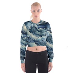 Waves Storm Sea Moon Landscape Cropped Sweatshirt by Bedest