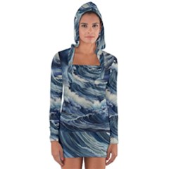 Waves Storm Sea Moon Landscape Long Sleeve Hooded T-shirt by Bedest