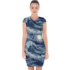 Waves Storm Sea Moon Landscape Capsleeve Drawstring Dress  by Bedest