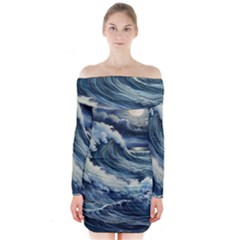 Waves Storm Sea Moon Landscape Long Sleeve Off Shoulder Dress by Bedest