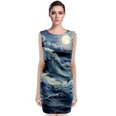 Waves Storm Sea Moon Landscape Sleeveless Velvet Midi Dress by Bedest