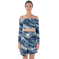 Waves Storm Sea Moon Landscape Off Shoulder Top With Skirt Set by Bedest