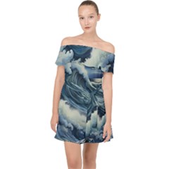 Waves Storm Sea Moon Landscape Off Shoulder Chiffon Dress by Bedest