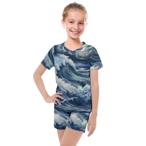 Waves Storm Sea Moon Landscape Kids  Mesh T-shirt And Shorts Set by Bedest