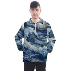 Waves Storm Sea Moon Landscape Men s Half Zip Pullover by Bedest