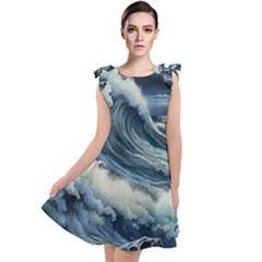 Waves Storm Sea Moon Landscape Tie Up Tunic Dress by Bedest