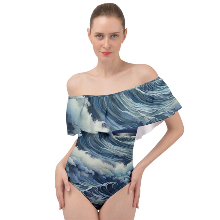 Waves Storm Sea Moon Landscape Off Shoulder Velour Bodysuit 