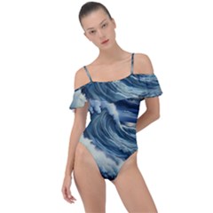 Waves Storm Sea Moon Landscape Frill Detail One Piece Swimsuit by Bedest