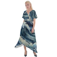 Waves Storm Sea Moon Landscape Cross Front Sharkbite Hem Maxi Dress by Bedest